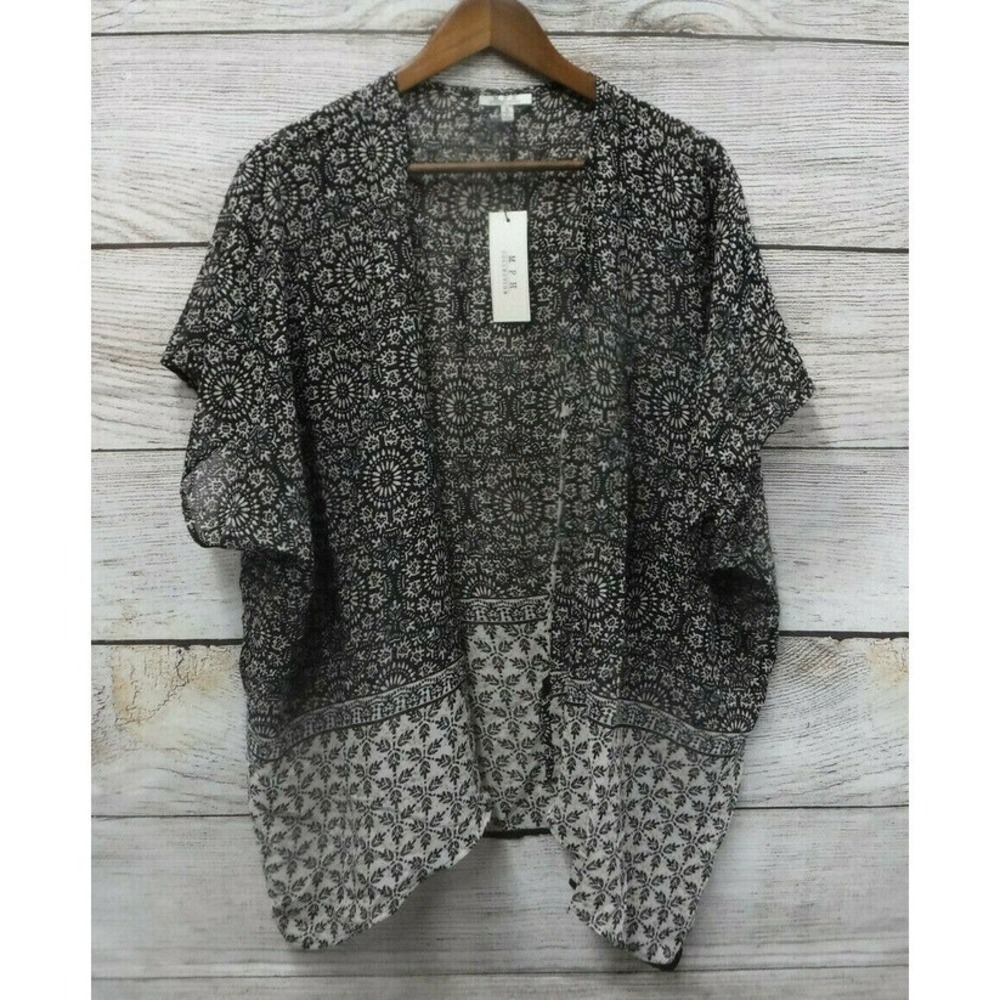 MPH Collection Shrug Womens Oversized Small Black White & Beige Design Sheer New